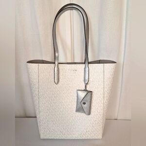 Michael Kors Vincent Large White And Metallic Silver Canvas Tote Coin Pouch NWT